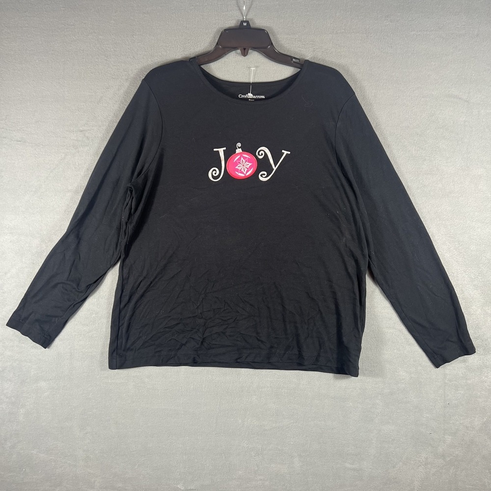 Croft‎ & Barrow Women's 1X Plus Black Long Sleeve JOY Christmas Ornament Top